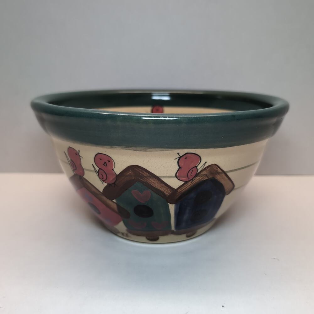 Heatherstone Pottery Birdhouse Bowl Folk Art 8" Signed KK Stoneware